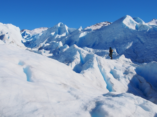 真っ白な氷河の上を歩いていく