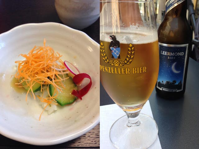 前菜のキュウリとイカの味噌和えとアッペンツェル（Appenzeller）のノンアルコールビール